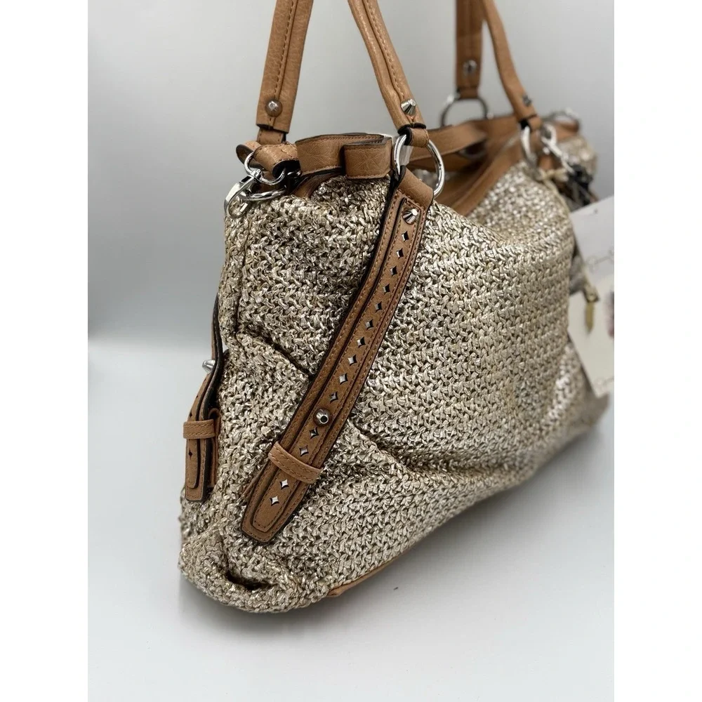 Jessica Simpson Christina Satchel Shoulder Bag Tan Straw Faux Leather Tassel NWT